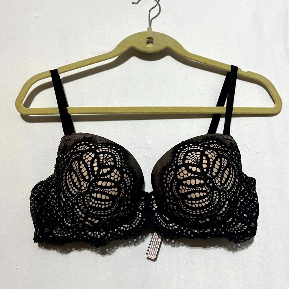 Victoria's Secret Lace Push Up Bra Women's 34DD Black Padded Adjustable Strap